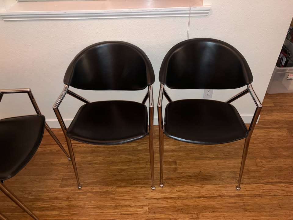 Set of 4 Calligaris Italian Black Leather Dining Chairs Polished Chrome Steel