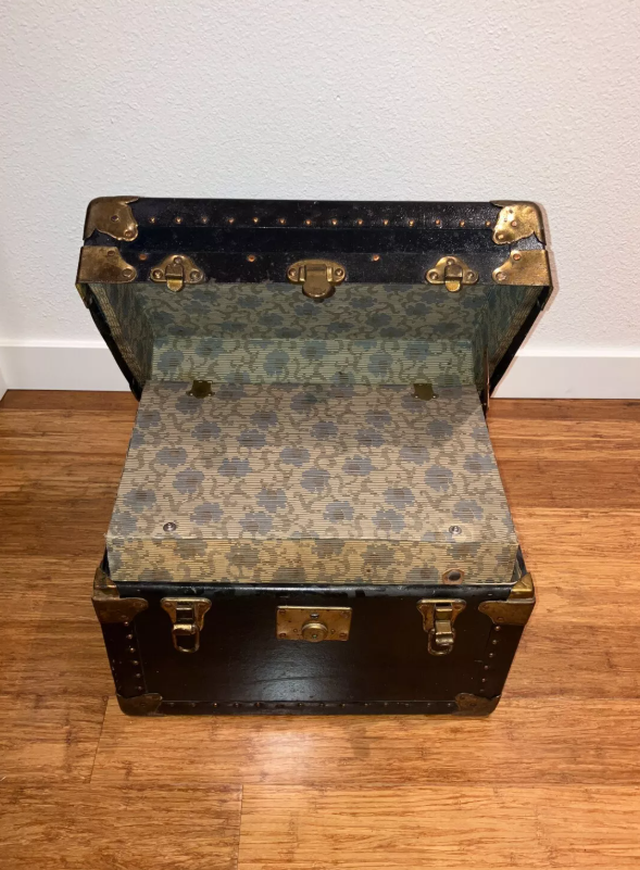 Antique Authentic Steamer Trunk Rogers Genuine 3 Ply Black 16" x 12" x 11" USA