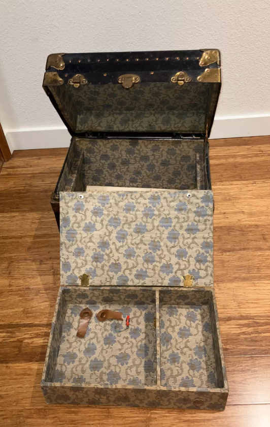 Antique Authentic Steamer Trunk Rogers Genuine 3 Ply Black 16" x 12" x 11" USA