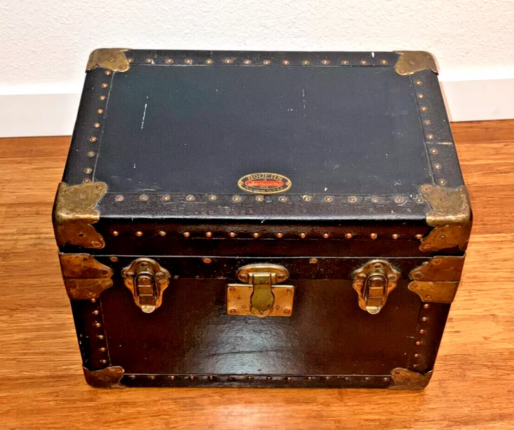 Antique Authentic Steamer Trunk Rogers Genuine 3 Ply Black 16" x 12" x 11" USA