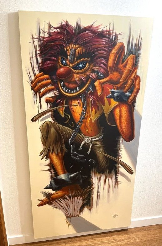 Iron Maiden Eddie Drummer Animal Unleashed Acrylic on Canvas Painting by Augie Pagan Muppets Art
