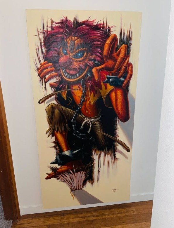 Iron Maiden Eddie Drummer Animal Unleashed Acrylic on Canvas Painting by Augie Pagan Muppets Art