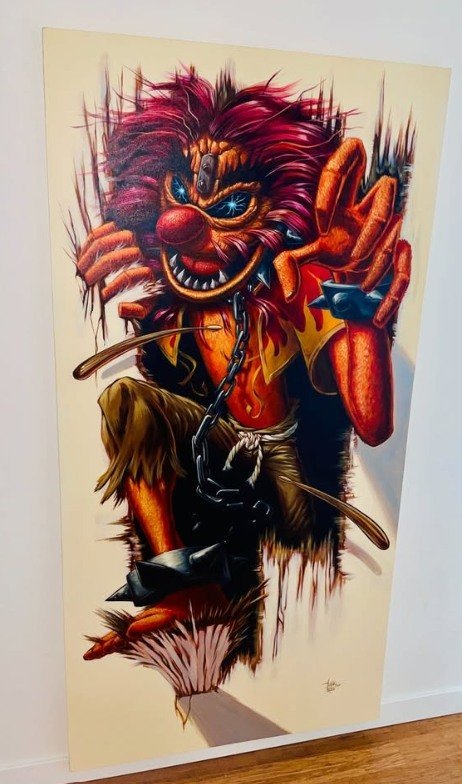Iron Maiden Eddie Drummer Animal Unleashed Acrylic on Canvas Painting by Augie Pagan Muppets Art