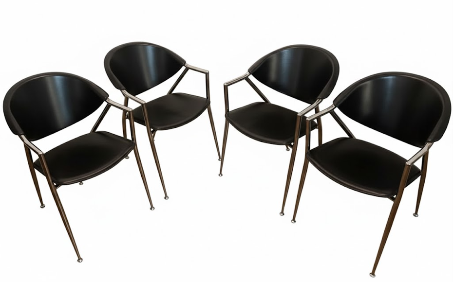 Set of 4 Calligaris Italian Black Leather Dining Chairs Polished Chrome Steel