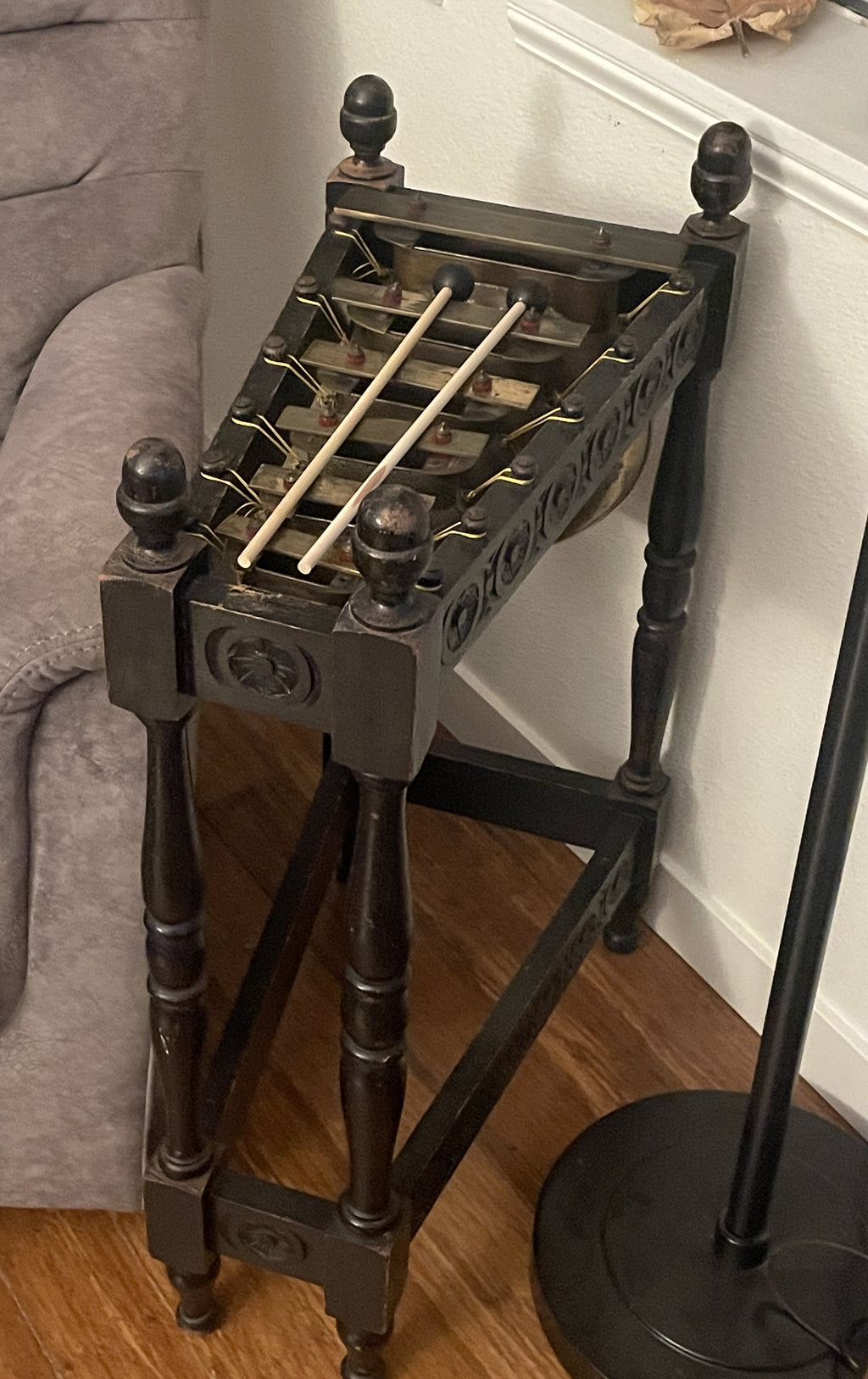 Antique 1890's Glockenspiel w Original Wood Stand, Brass Bars / Bells Xylophone Metallophone England