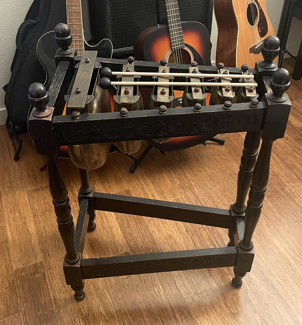 Antique 1890's Glockenspiel w Original Wood Stand, Brass Bars / Bells Xylophone Metallophone England