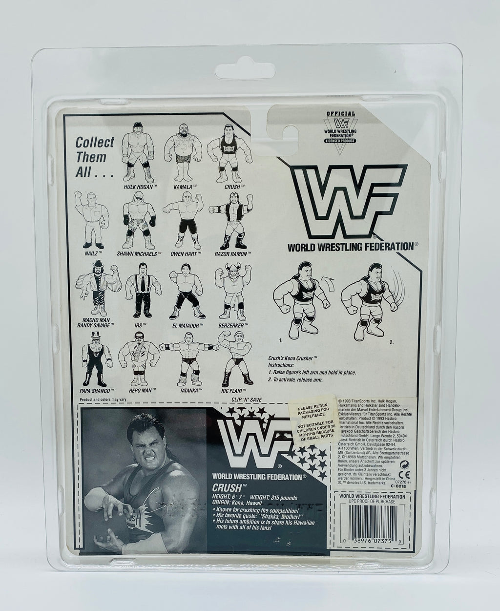 Vintage WWF Crush Action Figure (1993) Hasbro – Sealed on Card, Mint in Package