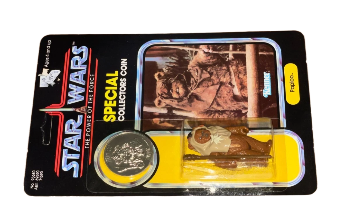 Vintage Star Wars 1984 PotF Paploo Unpunched Figure Ewok w Coin Last 17 MOC