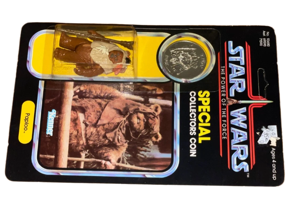 Vintage Star Wars 1984 PotF Paploo Unpunched Figure Ewok w Coin Last 17 MOC
